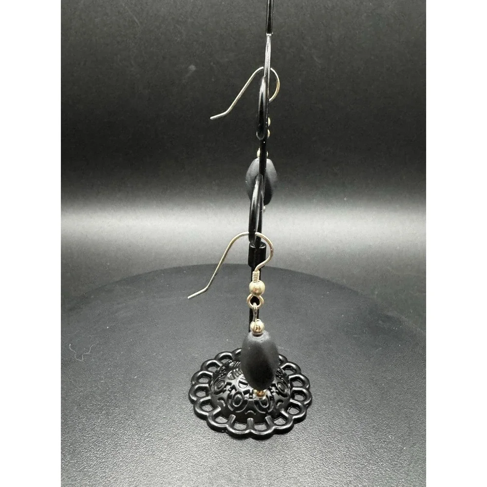 Mexico Black Obsidian Matte Oval Bead Drop Earrings Silver Tone Fishhook Dangles